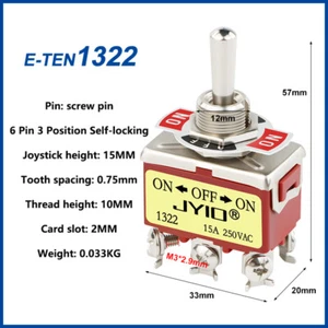Kippschalter Ein Aus Ein 3 Positionen 6Pin DPDT 15A 250Vac Auto Armaturenbrett Boot E-TEN 1322 - Bild 1 von 4
