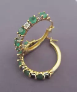 VINTAGE P☆M 14K YELLOW Gold EMERALD & DIAMOND HOOP DANGLE PIERCED Earrings - Picture 1 of 15
