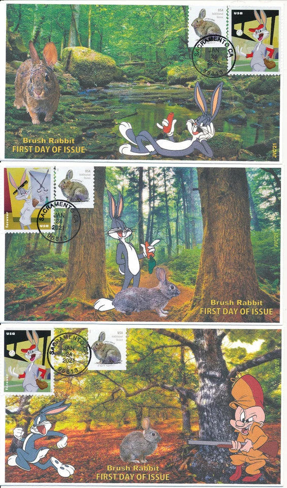 JVC CACHETS - 2021 BRUSH RABBIT ISSUE FIRST DAY COVERS FDC's L.E. OF 20 SET OF 3 - Image 1 of 4