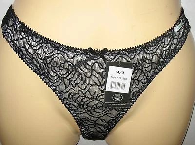 LAURA ASHLEY - BLACK NYLON SPANDEX STRETCH LACE  TANGA THONG  PANTY - MEDIUM - Image 1 of 2