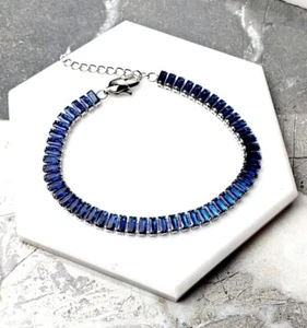 15 Ct Baguette Lab Created Sapphire Men's Tennis Bracelet in 14k White Gold Over - Picture 1 of 6