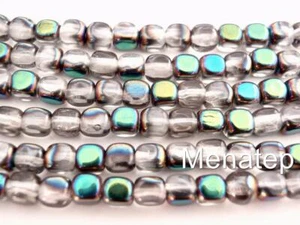 50 4 x 4 mm Czech Glass Cube Beads: Crystal - Green Vitral - Picture 1 of 1