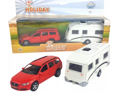 Volvo V70 with Trailer/Caravan Diecast Car Red Pull Back 1:32-1:34 Scale - Image 1 of 4