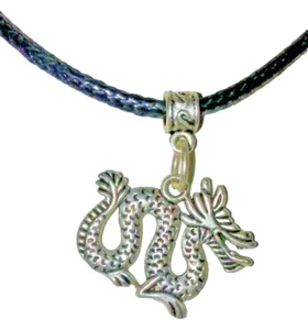Argento Drago Ciondolo Nero Pelle Cavo Unisex 16 " Cinese Collana US Fatto Nuovo - Foto 1 di 6