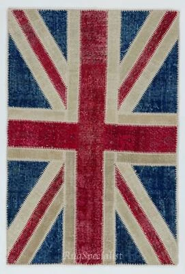 Union Jack British Flag Design Patchwork Rug Made from Re-Dyed Vintage Carpets - Image 1 of 4