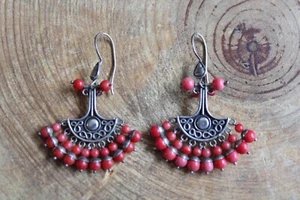 Coral & Sterling Silver .925 dangle Earrings Taxco Mexico - Picture 1 of 4