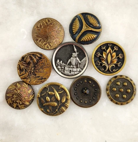Antique Victorian Metal Buttons Lot of 9 Picture Nouveau Floral Paris Treble Cover