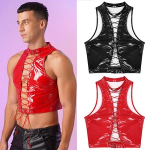 UK Men Crop Top Short Gothic Wetlook Sleeveless Sexy Muscle Fashion Lace Up Top - Picture 1 of 26