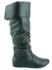Ladies Womens Girls New Flat Heel Slouch Calf Pull On Knee High Boots Shoes Size