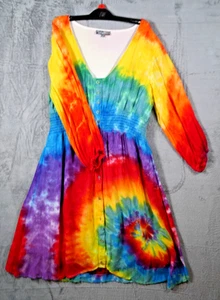 JD Williams Rainbow Tie-Dye Long Sleeve Button Dress XL Boho - Picture 1 of 6