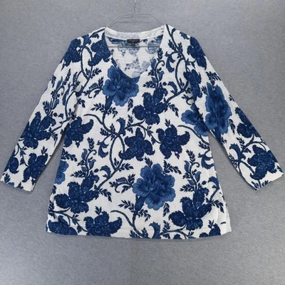 Talbots Petite Sweater Womens Medium Petite Blue White Floral V-Neck 3/4 Sleeve - Image 1 of 4