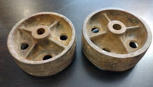2 ANTIQUE Vtg Industrial Cart Dolly CAST IRON WHEELS 4" Wheel 2" Center  Caster - Picture 1 of 11