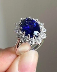 3.00 Ct Halo 14K White Gold Over Wedding Ring Oval Cut Lab Created Blue Sapphire - Picture 1 of 1