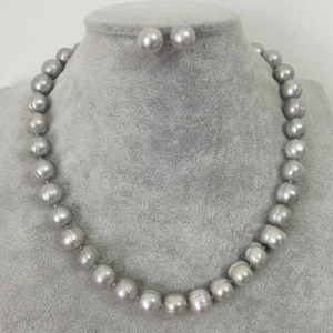 9-10mm Genuine Natural Gray Freshwater Cultured Pearl Necklace Earrings Set 18'' - Picture 1 of 6