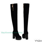 Women Sexy Over Knee High Platform Round Toe Faux Suede Metal Chain Boots
