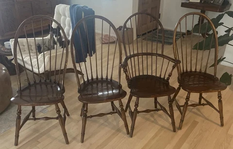 4  Antique Benchmade Bow Back Windsor Chairs W/ 7 Spines - 1 Captains Cover