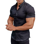 Mens Muscle Slim Fit Shirts Buttons Short Sleeve Work Casual Business Dress Tops