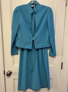 Vintage LESLIE FAY Dress w/ Jacket 2-piece Belted Teal Size 12 Madmen - Picture 1 of 12