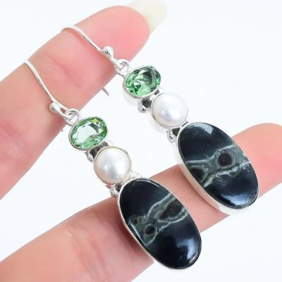 Ocean-Jaspis, Perle, Peridot Edelstein Silber Schmuck Ohrring 2.2" ERJ17136 - Bild 1 von 3