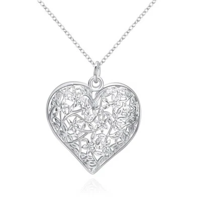 Collar corazón plata esterlina 925 filigrana encaje hueco colgante cadena bolsa de regalo Foto 1 de 2