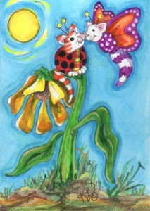 ACEO Original Cat Lady Bug Butterfly kisses Sun flower Loberg Fantasy Mini Art - Picture 1 of 3