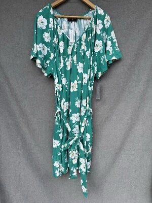 NWT Lane Bryant Dress Plus Sz 26/28 Green Floral Flutter Sleeve Tie Waist Spring - Image 1 of 4