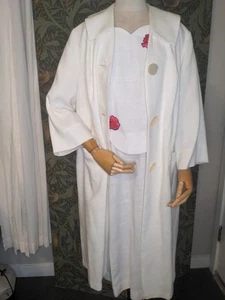 Vintage 60s Jule Wyn Elegant White Linen Dress Bright Pink Quilted Roses SZ M - Picture 1 of 12