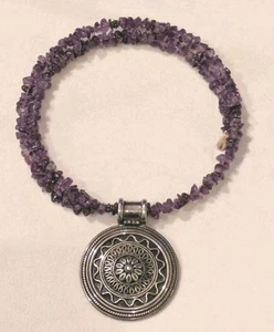 Stunning Doug Paulus Stamped Sterling Medallion & Amethyst Nugget Choker - Picture 1 of 9