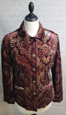 Blazer Vintage Chico's Terciopelo Mezcla Seda Talla 0 Sm Lentejuelas Granate Dorado Elegante Real Foto 1 de 4