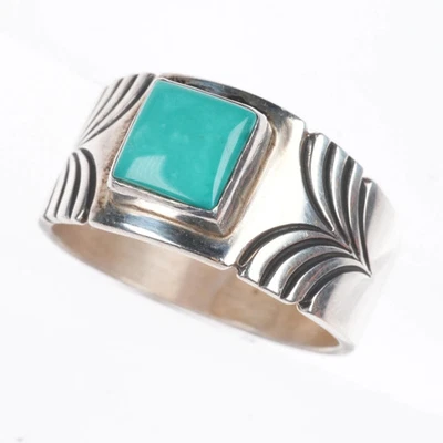 Anillo Steve Yellowhorse Navajo plata esterlina turquesa cincelado banda talla 11 Foto 1 de 4