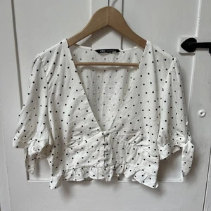 Zara Polka Dot Ivory Corset Style Button V Neck Puff Sleeve Cropped Blouse Sz M - Picture 1 of 9