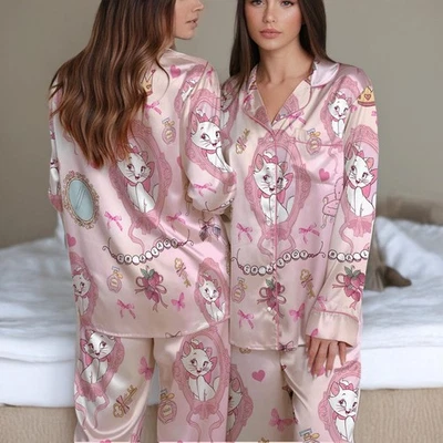 Conjunto de pijama fofo Marie Cat coquette arco espelho The Aristocats cetim rosa - Imagem 1 de 2