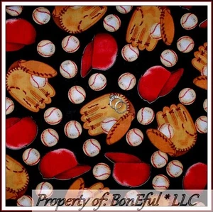 BonEful Fabric FQ Cotton Quilt Black Red Brown Baseball Glove Boy Softball Girl - Picture 1 of 13