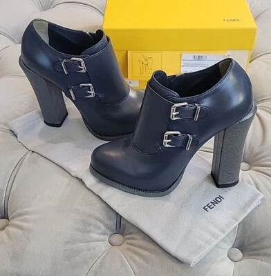 Fendi Barneys Roma Mujer Botines Botines Azul Marino Cuero Hebilla Correas Italia 36 Foto 1 de 4