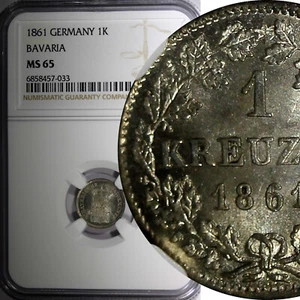 German States BAVARIA Silver 1861 1 Kreuzer NGC MS65 BU Nice Toned KM# 858 (33) - Picture 1 of 5