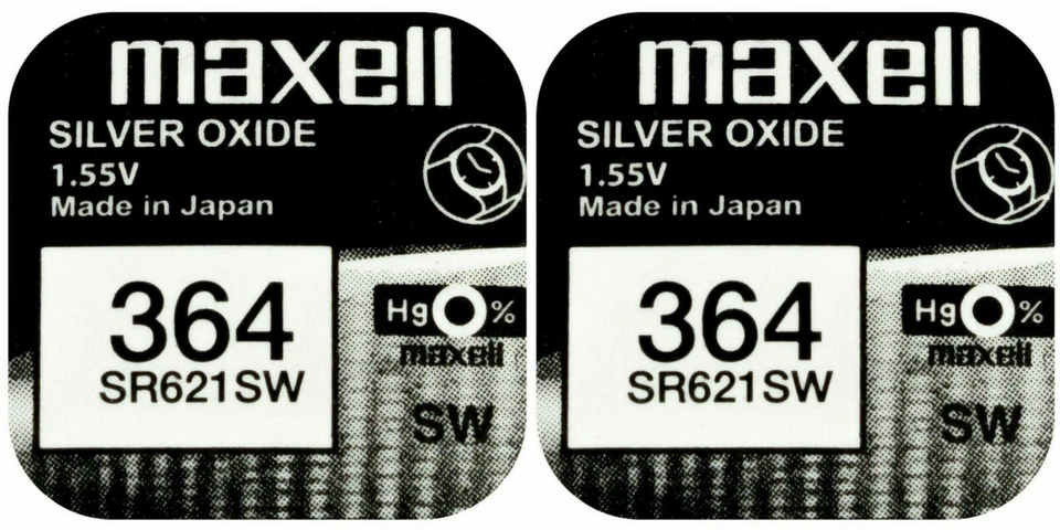 2 x Maxell 364 Pila Batteria Orologio Mercury Free Silver Oxide SR621SW 1.55V
