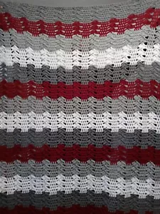 NWOT - Handmade Crochet Burgandy, Grays & White Afghan Throw 62" X 45" - Picture 1 of 2