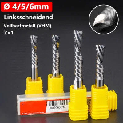 4mm 5mm 6mm VHM Schaftfräser Linksschneidend Z=1 Einzahn Spiralnut Oberfräse CNC - Bild 1 von 4