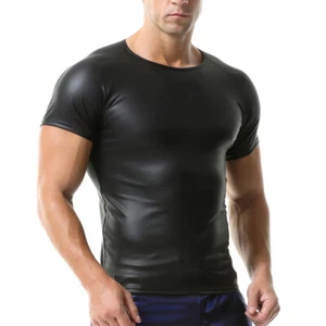 Sexy Men Muscle T-shirt Faux Leather Tops Slim Fit Undershirts Short Sleeve Tees - Picture 1 of 9