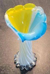 Vintage Soliflore Opaline Blue Yellow Jack in the Pulpit Mid Century Glass Vase - Picture 1 of 11