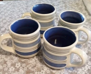 Vintage Pfaltzgraff Rio Stoneware Set Of 4 Coffee Tea Mugs 4" Blue Stripe Mexico - Picture 1 of 6
