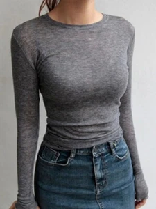 Camiseta lisa para mujer nueva elástica básica informal Prendas para el torso manga larga mujer ver a través - Imagen 1 de 16