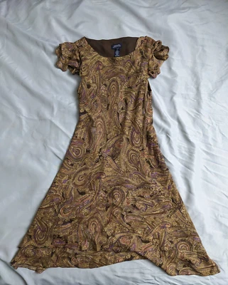 Jones New York Dress Brown Paisley Shift Ruffle Cap Sleeve 100% Silk Womens 14 - Image 1 of 4