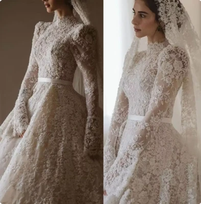High Neck Lace Wedding Dresses Vintage Appliques Sequins Sash Long Sleeve Bridal - Image 1 of 4