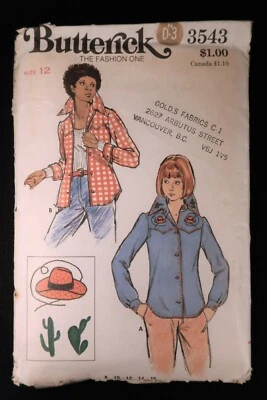 Butterick 3543 Misses Western Style Shirt Vintage 1970s Sewing Pattern sz 12 Cut - Image 1 of 2