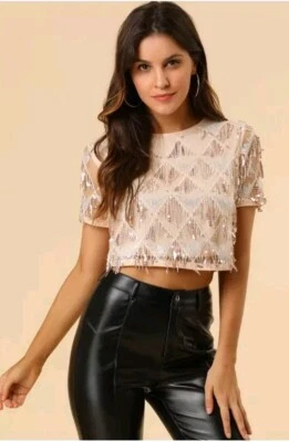 Allegra K Cropped Top Sequins XS Beige Peach Short Sleeve Stretch Party EUC Club - Image 1 of 4