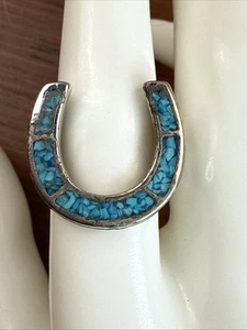 Old Native American Style Silver PLATED Turquoise Mosaic HORSESHOE Ring Sz 8.25 - Picture 1 of 10