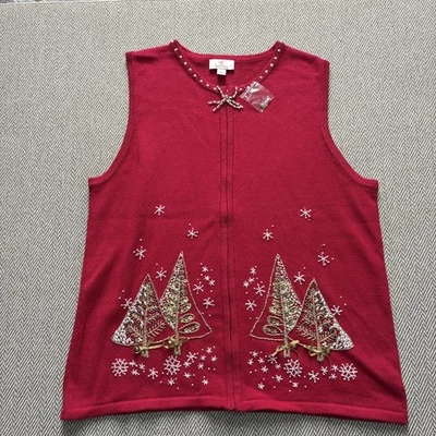QUACKER FACTORY Zippered Christmas Tree Red Embellished Holiday Sweater Vest L - Image 1 of 4