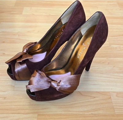 Paris Hilton Destiny Womens Brown Suede Satin Bow Peep Toe Platform Heels US 7.5 - Image 1 of 4