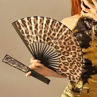 Chinese Leopard Print Folding Fan Bamboo Portable Princess Dance Performance - Image 1 of 4